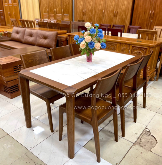 Bộ bàn ăn gỗ sồi nga 6 ghế - lau màu óc chó đẹp BG 065