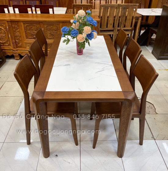 Bộ bàn ăn gỗ sồi nga 6 ghế - lau màu óc chó đẹp BG 065