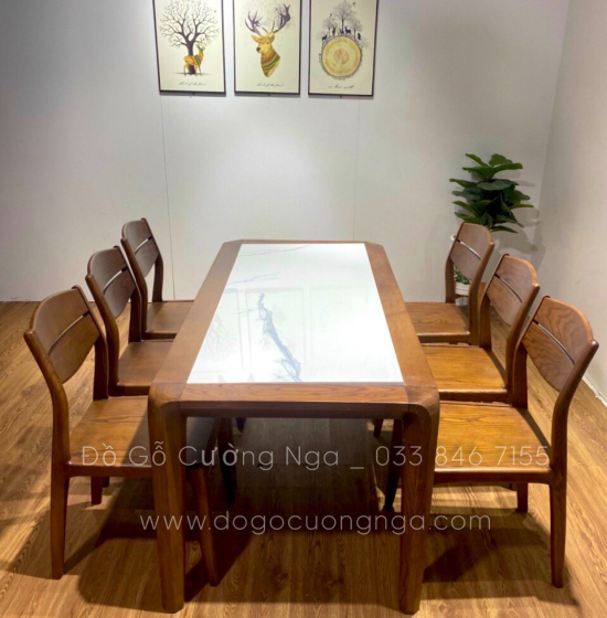 Bộ bàn ăn gỗ sồi nga 6 ghế - lau màu óc chó đẹp BG 065