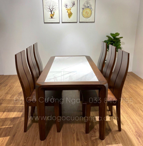 Bộ bàn ăn gỗ sồi nga mặt đá 6 ghế - màu óc chó giá rẻ đẹp 