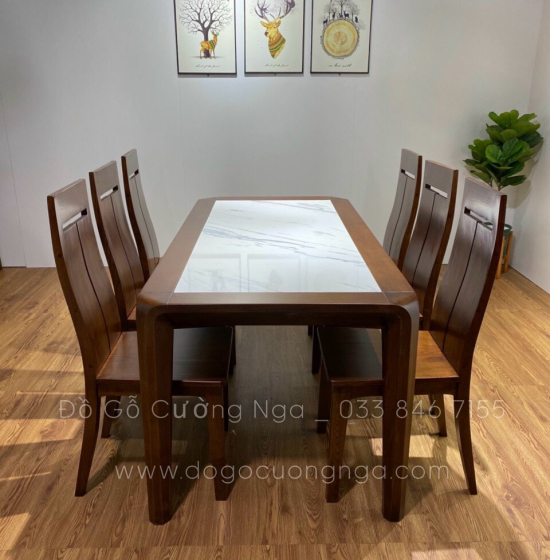 Bộ bàn ăn gỗ sồi nga mặt đá 6 ghế - màu óc chó giá rẻ đẹp 