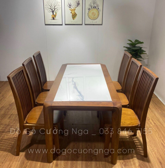 Bàn Ăn Gỗ Sồi Nga Lau Màu Óc Chó 6 Ghế Mặt Đá BG 11-5