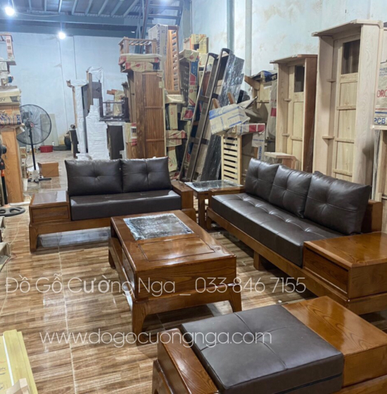 Bàn Ghế Sofa 2 Văng Gỗ Sồi Nga Lau Màu Hương Kèm Nệm - Chân Hươu