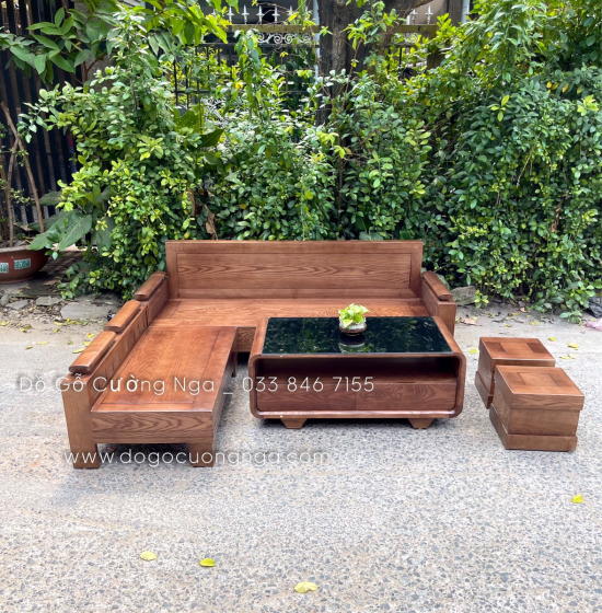 Bộ Ghế Sofa Gỗ Sồi Nga Góc L 2mx1m8 - Màu Óc Chó Tựa Liền 