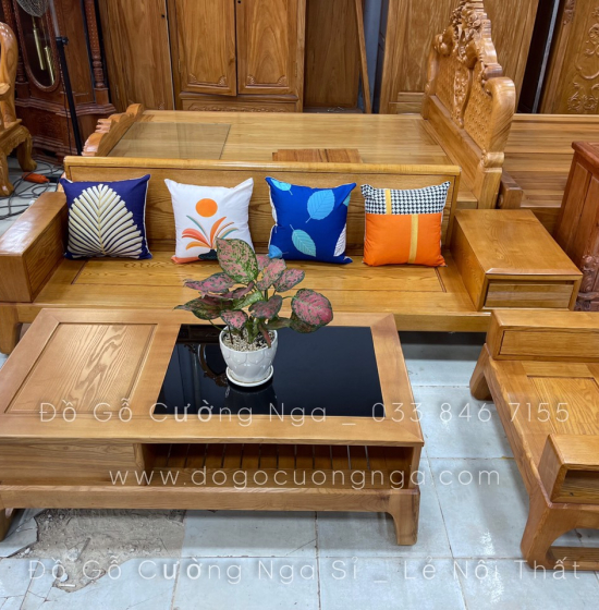 Bộ Ghế Sofa Văng Gỗ Sồi Nga Chân Choãi 2m4 - Lau Màu Gõ Đỏ 