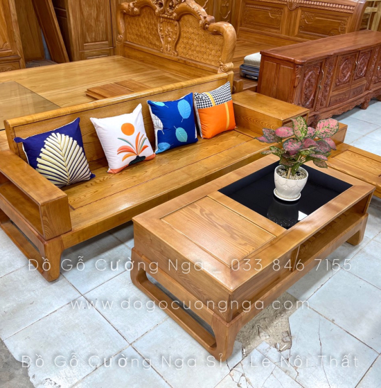 Bộ Ghế Sofa Văng Gỗ Sồi Nga Chân Choãi 2m4 - Lau Màu Gõ Đỏ 