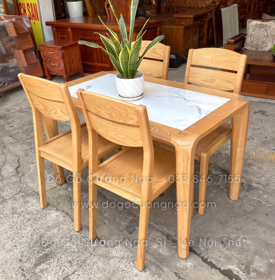 Bộ bàn ăn 4 ghế gỗ sồi nga mặt đá hiện đại 