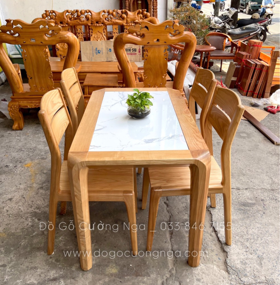 Bộ bàn ăn 4 ghế gỗ sồi nga mặt đá hiện đại 
