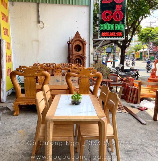 Bộ bàn ăn 4 ghế gỗ sồi nga mặt đá hiện đại 