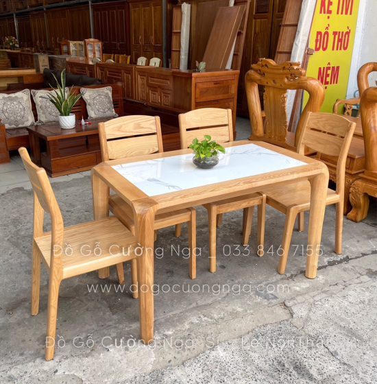 Bộ bàn ăn 4 ghế gỗ sồi nga mặt đá hiện đại 