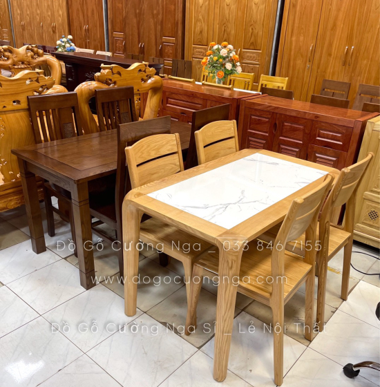 Bộ bàn ăn 4 ghế gỗ sồi nga mặt đá hiện đại 