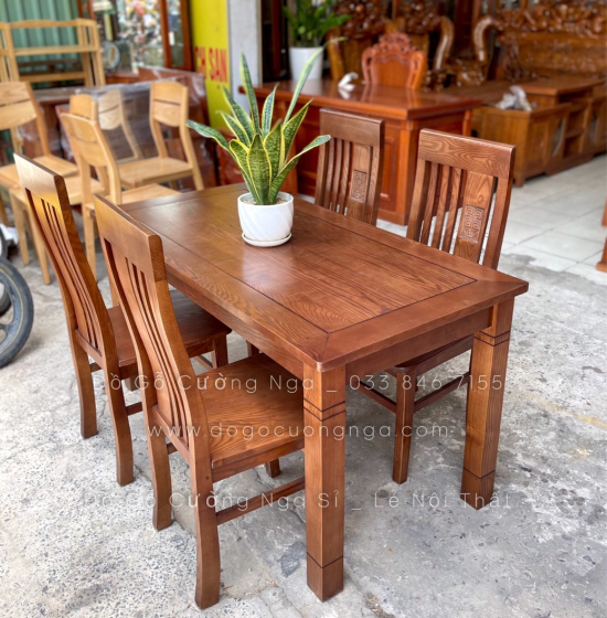 Bộ bàn ăn gỗ sồi nga 4 ghế mặt liền  - màu óc chó hiện đại BS 02 