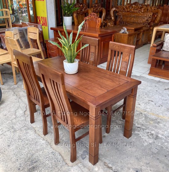 Bộ bàn ăn gỗ sồi nga 4 ghế mặt liền  - màu óc chó hiện đại BS 02 