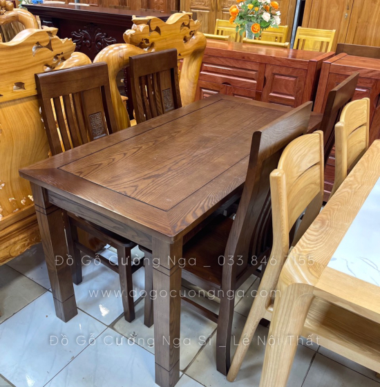 Bộ bàn ăn gỗ sồi nga 4 ghế mặt liền  - màu óc chó hiện đại BS 02 