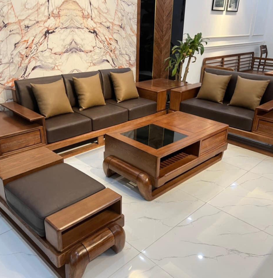 Bộ Bàn Ghế Sofa 2 Văng Gỗ Sồi Nga Kèm Nệm - Mẫu Đùi Gà 