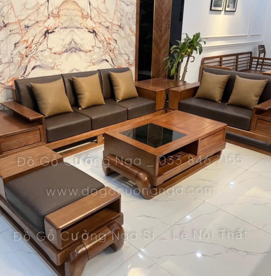 Bộ Bàn Ghế Sofa 2 Văng Gỗ Sồi Nga Kèm Nệm - Mẫu Đùi Gà 