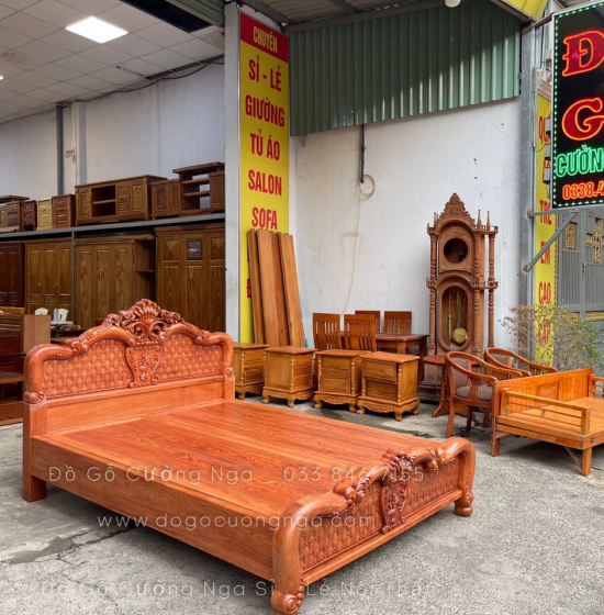 Giường gỗ hương đá cao cấp vạt phản liền - mẫu Hoa Hồng 