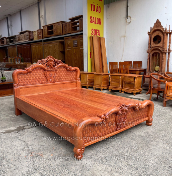 Giường gỗ hương đá cao cấp vạt phản liền - mẫu Hoa Hồng 