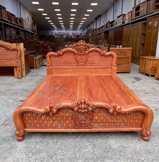 Giường gỗ hương đá cao cấp vạt phản liền - mẫu Hoa Hồng 