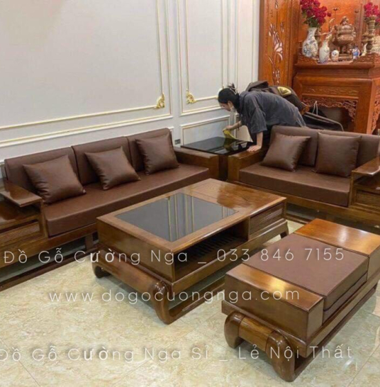 Bộ Ghế Sofa Hai Văng Gỗ Sồi Nga Lau Màu Hương Cao Cấp 