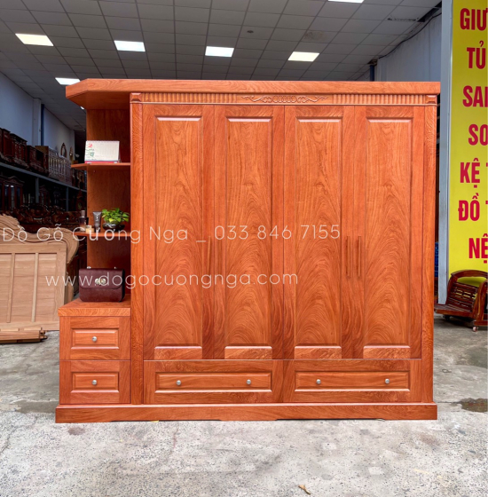 Tủ quần áo gỗ hương đá 4 cánh kèm góc trang trí