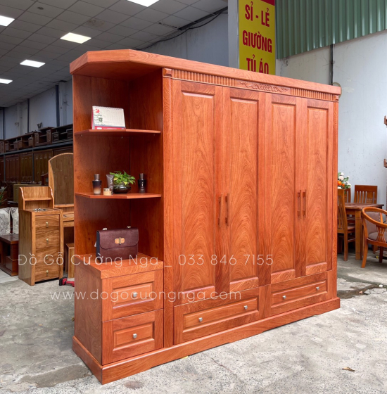 Tủ quần áo gỗ hương đá 4 cánh kèm góc trang trí