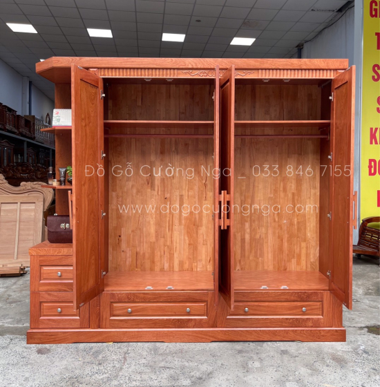 Tủ quần áo gỗ hương đá 4 cánh kèm góc trang trí