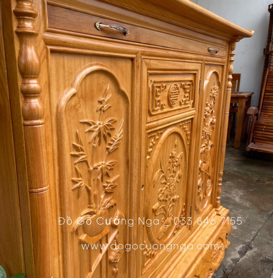 Tủ thờ gỗ gõ đỏ 1m53 - chạm sen cánh phẳng BT 013