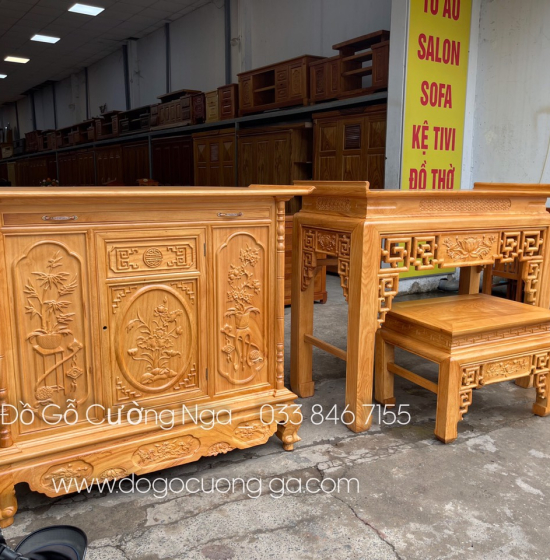Tủ thờ gỗ gõ đỏ 1m53 - chạm sen cánh phẳng BT 013