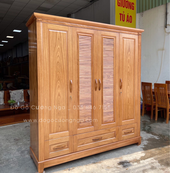 Tủ quần áo gỗ hương xám cao cấp 4 cánh  2m mẫu lá sách 