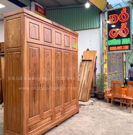 Tủ quần áo gỗ Hương xám 5 cánh 2 tầng hiên đại - tay nắm âm 