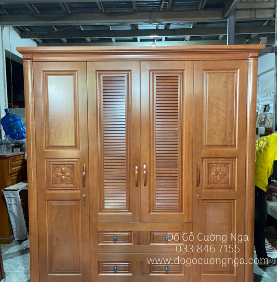Tủ quần áo gỗ xoan đào 4 cánh hiện đại - hoa thị lá sách 