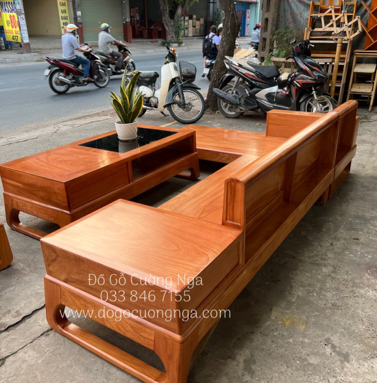 Sofa Góc L Gỗ Gõ Đỏ 2m8x1m8 Hiện Đại