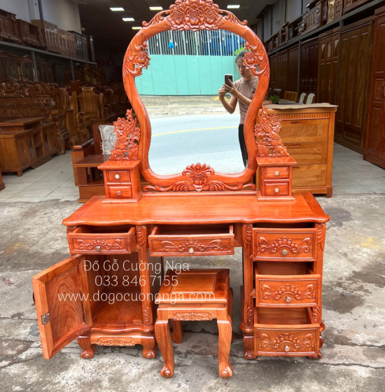 Bàn Trang Điểm Gỗ Hương Đá Cao Cấp Mẫu Hoa Hồng TĐ 013