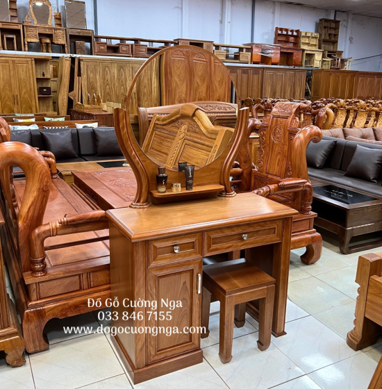 Bàn Trang Điểm Gỗ Xoan Đào 80cm Gương Tròn Hiện Đại TĐ 026