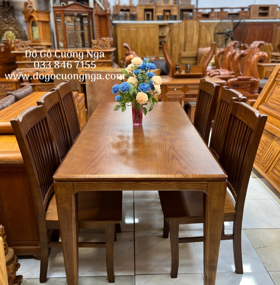 Bàn ăn gỗ sồi nga lau màu óc chó 6 ghế hiện đại BG 058