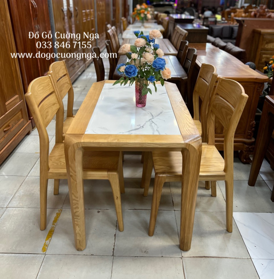 Bộ bàn ăn 4 ghế gỗ sồi nga mặt đá hiện đại 
