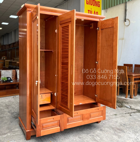 Tủ quần áo gỗ xoan đào 3 cánh 1m6 - mẫu lá sách 