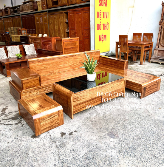 Bộ Bàn Ghế Sofa Góc L Gỗ Hương Xám 2m8x1m8 Vế Phải