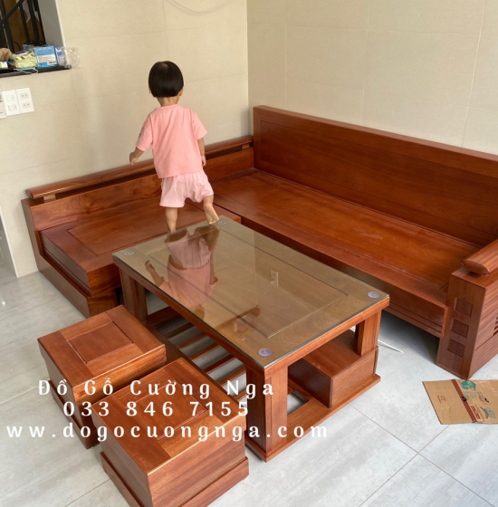  Bàn Ghế Sofa Gỗ Xoan Đào Góc L 2m1x1m6 - Lưng Liền 