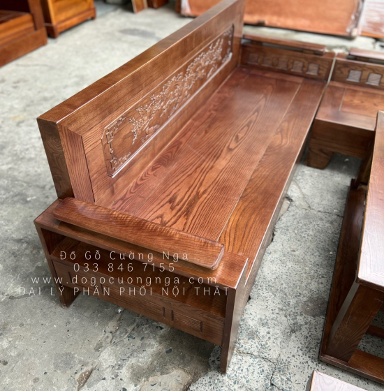 Bàn Ghế Sofa Gỗ Sồi Nga Góc L 2mx1m8 Màu Óc Chó - Tựa Cảnh