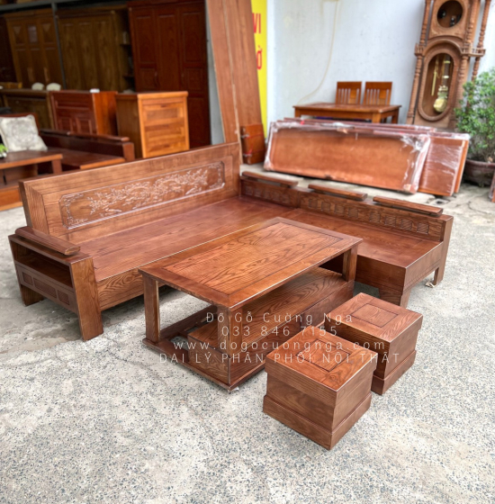 Bàn Ghế Sofa Gỗ Sồi Nga Góc L 2mx1m8 Màu Óc Chó - Tựa Cảnh