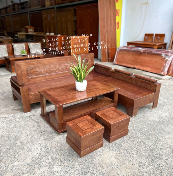 Bàn Ghế Sofa Gỗ Sồi Nga Góc L 2mx1m8 Màu Óc Chó - Tựa Cảnh