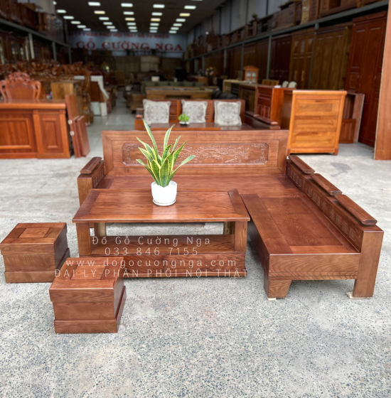 Bàn Ghế Sofa Gỗ Sồi Nga Góc L 2mx1m8 Màu Óc Chó - Tựa Cảnh