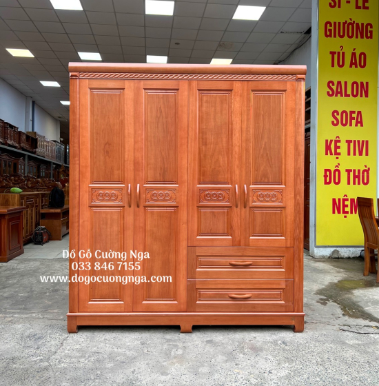 Tủ Quần Áo Gỗ Xoan Đào 4 Cánh Mở Cao Cấp 