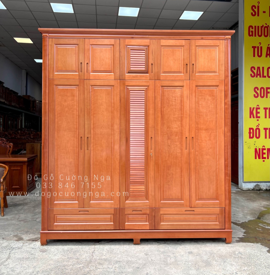 Tủ quần áo gỗ xoan đào 5 cánh - 2 tầng lá sách 