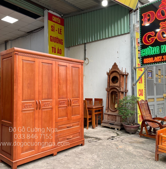 Tủ Quần Áo Gỗ Xoan Đào 4 Cánh Mở Cao Cấp 
