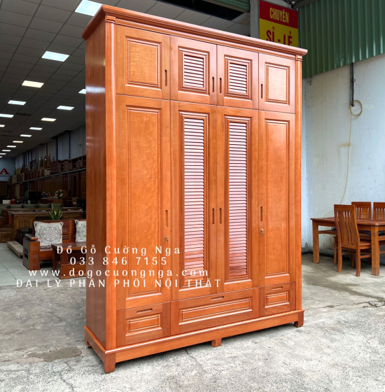 Tủ quần áo gỗ xoan đào 4 cánh - cao 2 tầng lá sách TX 31