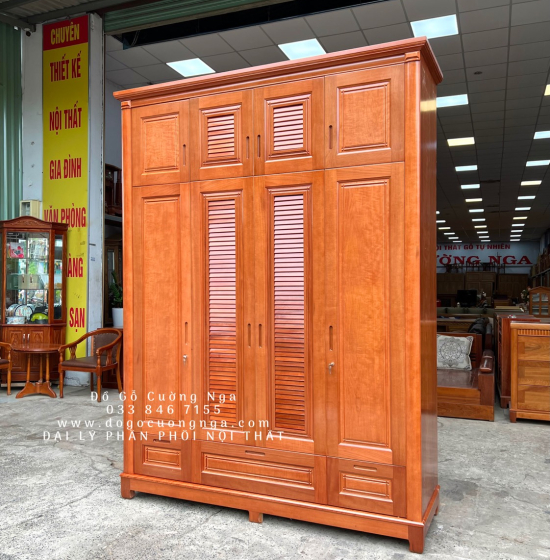 Tủ quần áo gỗ xoan đào 4 cánh - cao 2 tầng lá sách TX 31
