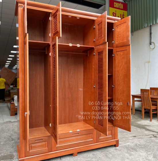 Tủ quần áo gỗ xoan đào 4 cánh - cao 2 tầng lá sách TX 31